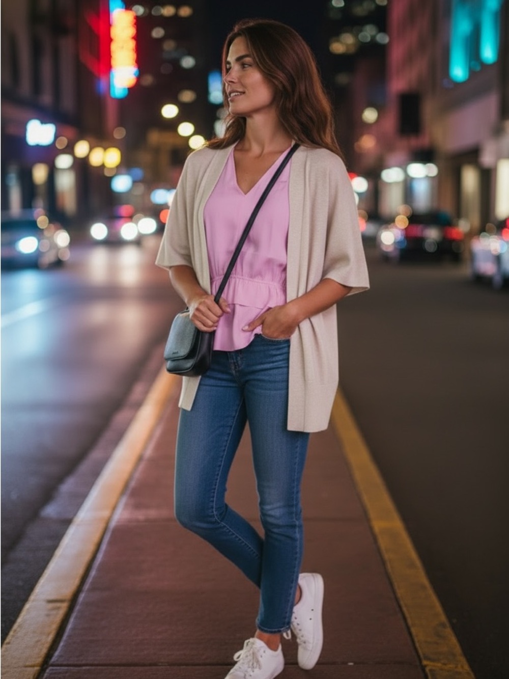 Banana Republic Light Pink V-Neck Peplum Blouse with Cream Open Cardigan - Picture 5 of 12